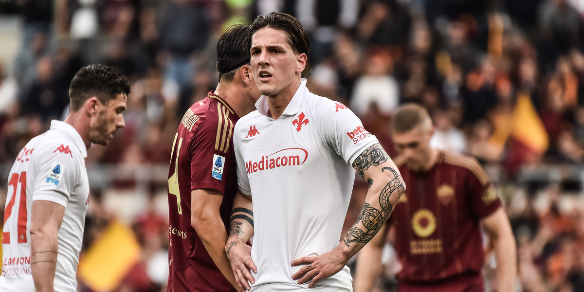 Nicolò Zaniolo, 25 anni, durante Roma-Fiorentina dello scorso 4 maggio, partita nella quale era stato espulso (Ivan Romano/Getty Images)
